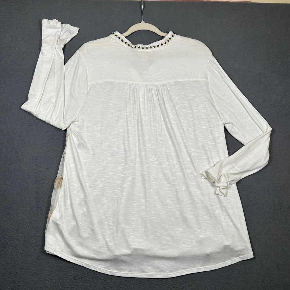 Style & Co Blouse Womens L White Gold Floral Embroidered Henley Bell Sleeve Top - Picture 2 of 7